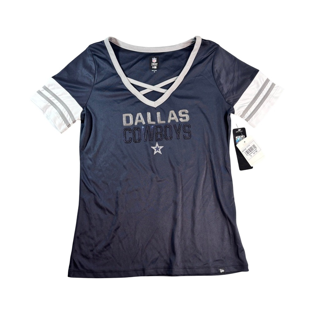 New Era Dallas Cowboys NFL Womens Navy Blue Crisscross V-Neck Sequin T-Shirt M